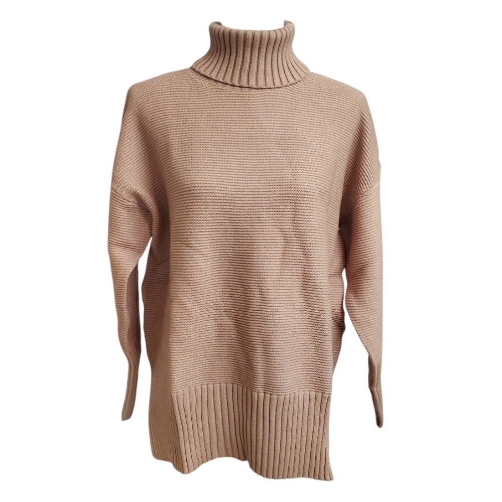 Anrabess Women's Oversized Brown Ribbed Turtleneck Sweater M
